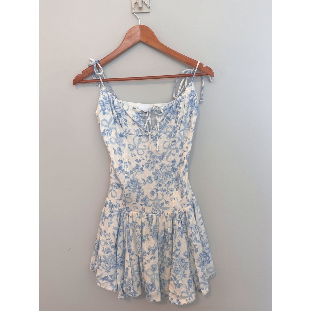 SKY TO MOON | Mini Dress Women M Blue White Floral Toile Coquette Cottagecore